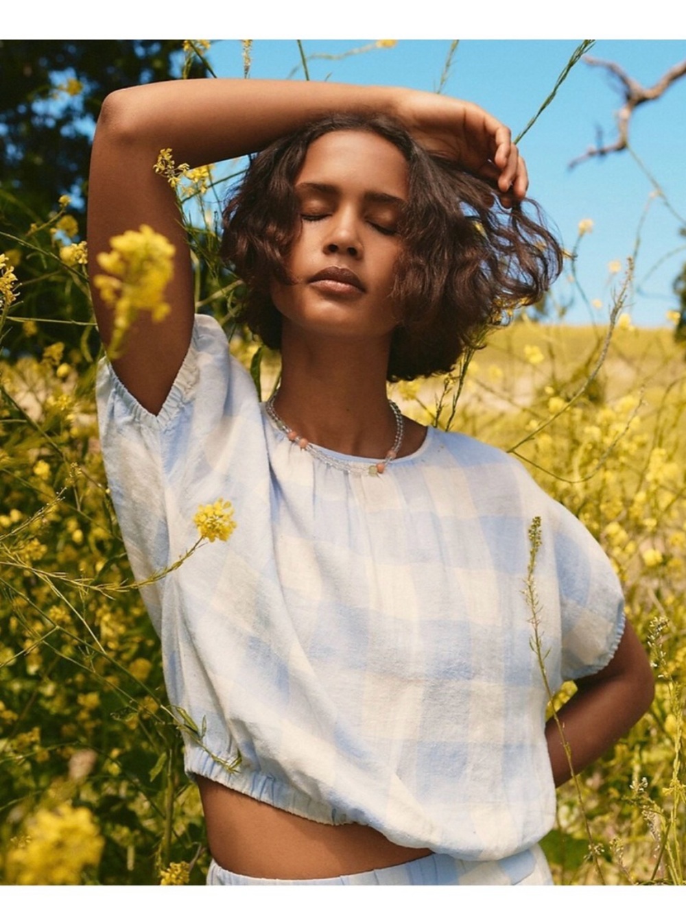 Madewell Linen Blend Michele Bubble Light Blue Blue Gingham Top